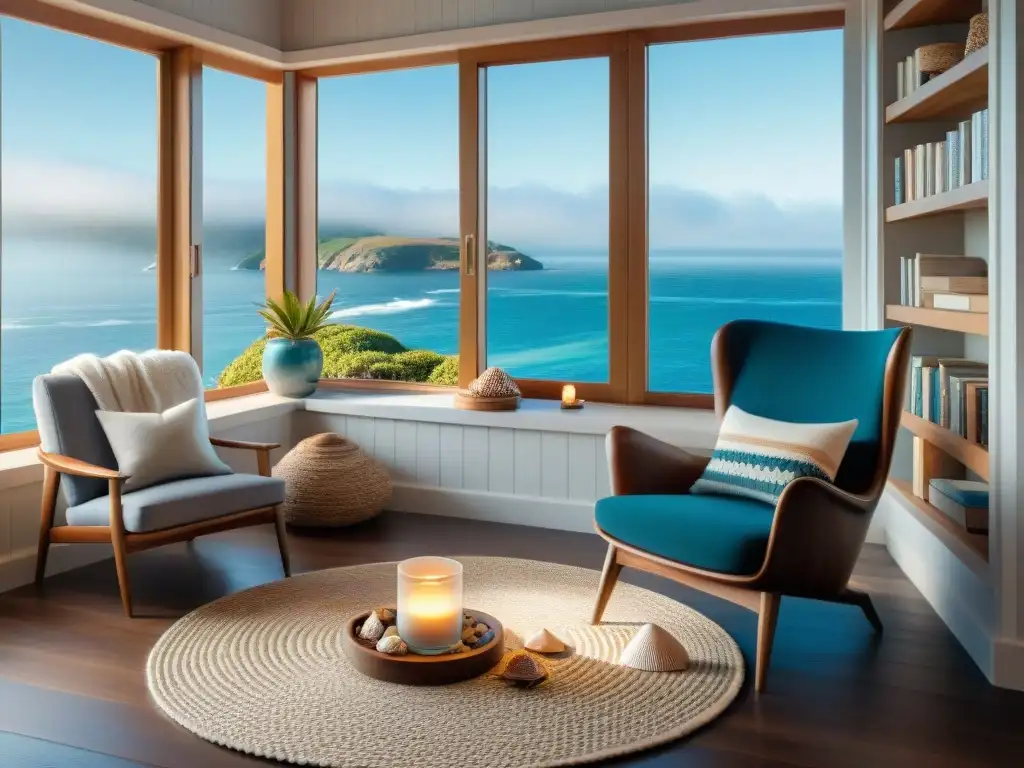 Rincón de lectura costero: calma y libros junto al mar Un rincón de lectura acogedor en la costa con vista al mar, libros, té y decoración inspiradora
