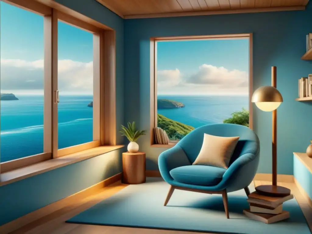 Rincón de lectura junto al mar: confort y serenidad en cada página Rincón lectura costero con luz cálida, libros marinos y sillón cómodo, ideal para inspirarse en la costa
