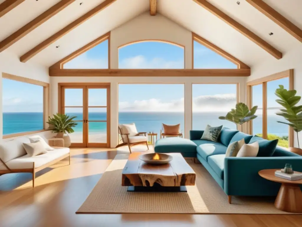 Serenidad costera: arte natural en loft frente al mar Un loft costero sereno con arte inspirado en la naturaleza: impresión botánica y esculturas de madera a la deriva