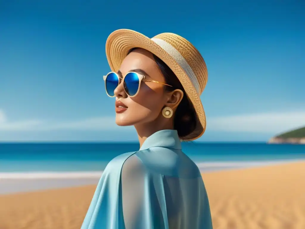 Elegante protección solar playera: sombrero de paja y gafas de diseñador Un look playero elegante y funcional: protección solar con estilo playero en un entorno de playa chic y sofisticado