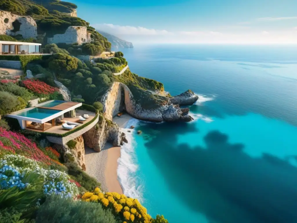 Residencia de lujo en cueva costera frente al mar Mediterráneo Una lujosa casa cueva costera integrada en los acantilados frente al mar Mediterráneo, con ventanales panorámicos y exuberante vegetación