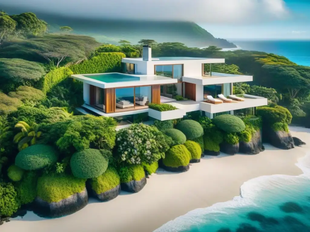 Residencia costera moderna: lujo y protección en armonía Una lujosa casa costera moderna rodeada de vegetación exuberante con vistas panorámicas al mar