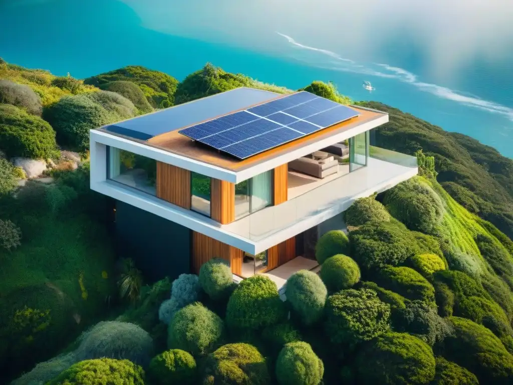 Vista aérea de casa pasiva sostenible en la costa Una lujosa casa pasiva sostenible en la costa, integrada en exuberante vegetación con vista al mar