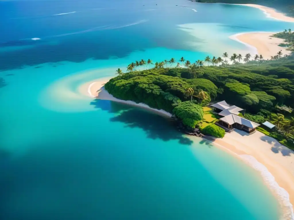 Residencia playera de lujo: vista aérea impresionante Una lujosa casa de playa frente al mar con palmeras verdes y arena dorada, ideal para hipotecas para propiedades costeras