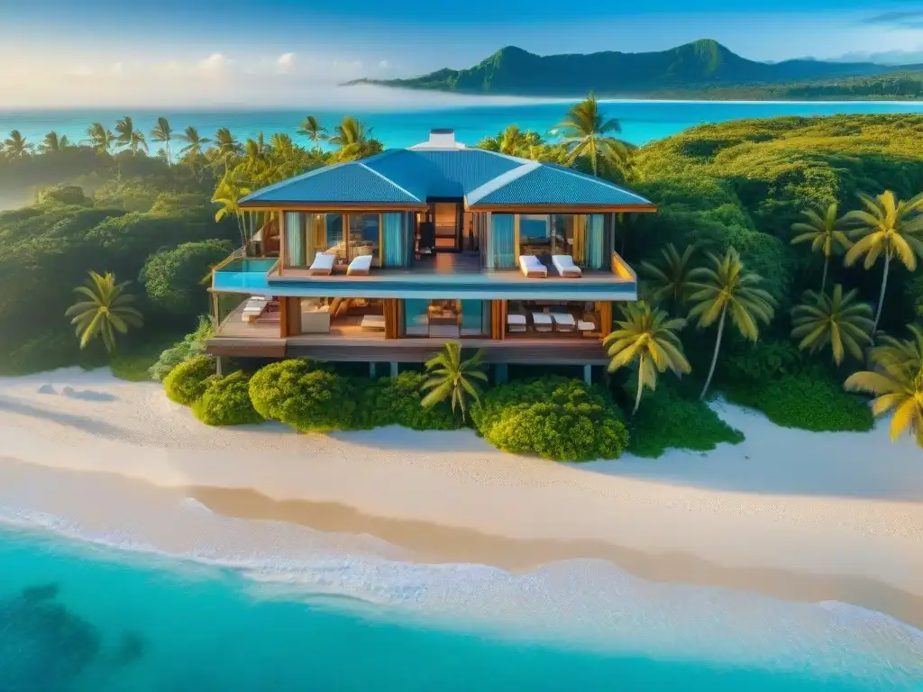 Residencia de lujo en playa paradisíaca Una lujosa casa de playa con moderna arquitectura, rodeada de palmeras y flores tropicales, frente a aguas turquesas