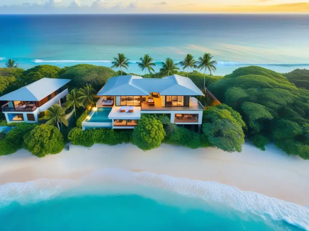 Propiedad de playa de lujo con piscina infinita privada Una lujosa casa de playa en venta con vistas al mar turquesa y una piscina infinita privada al atardecer