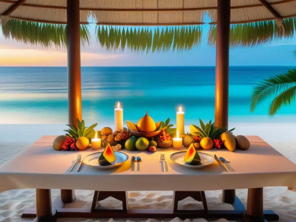 Banquete de mar en paradisíaca playa tropical Una lujosa cena temática en la costa exótica: mesa de madera bajo palmeras, decoración tropical, mar turquesa y atardecer dorado
