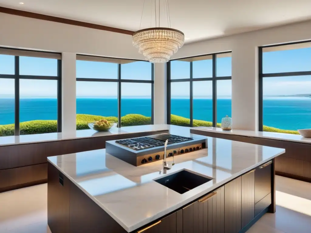 Cocina costera de lujo: elegancia junto al mar Una lujosa cocina costera con elegancia y encanto, bañada por la luz matutina