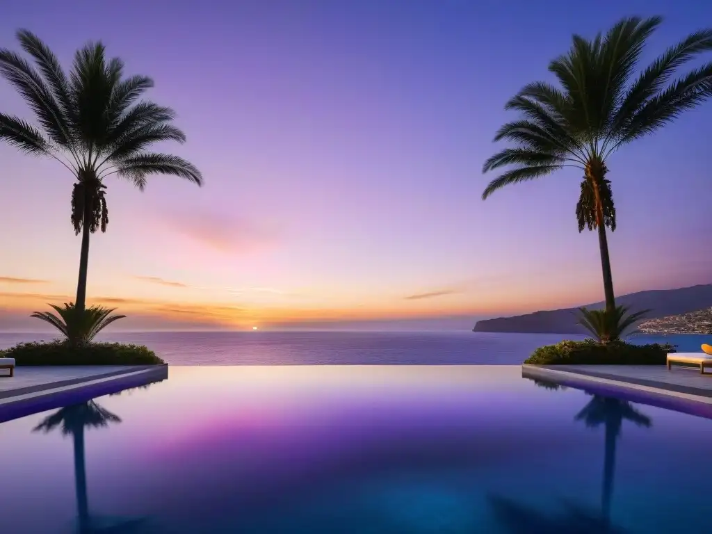 Piscina infinita de lujo al atardecer en la costa Una lujosa piscina de borde infinito costera al atardecer, con diseño moderno y paisaje tropical sereno