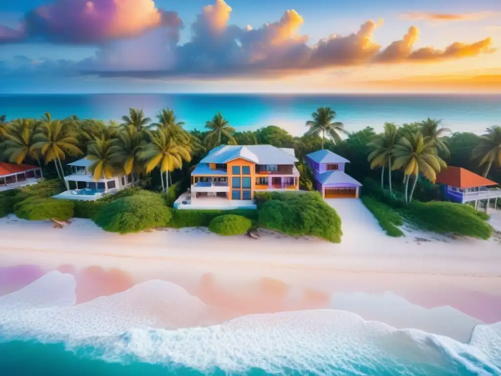 Propiedad costera de lujo al atardecer: villa, palmeras y muelle privado Una lujosa propiedad costera al atardecer, reflejando la luz dorada del sol en el mar tranquilo, rodeada de palmeras