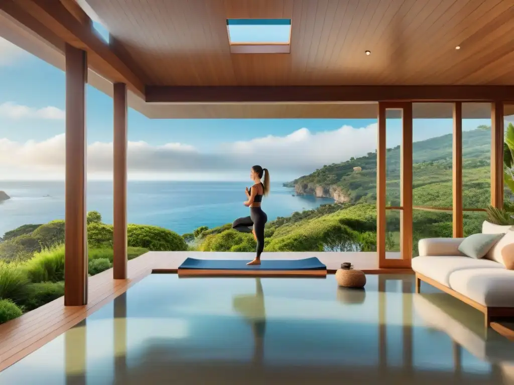 Una lujosa propiedad costera sustentable con familia practicando yoga y cultivando alimentos orgánicos