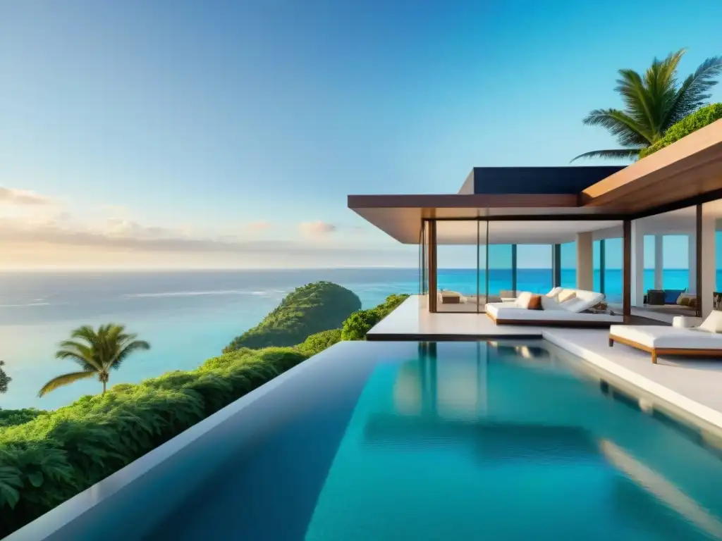 Propiedad costera de lujo: atardecer dorado en el paraíso virtual Una lujosa propiedad costera virtual con diseño arquitectónico moderno y vistas al mar turquesa