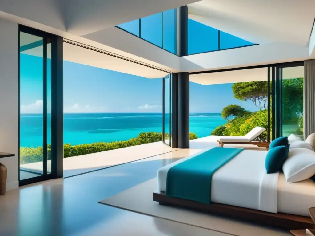 Propiedad costera de lujo con vistas al mar turquesa Una lujosa propiedad costera con vistas al mar turquesa a través de ventanales de piso a techo