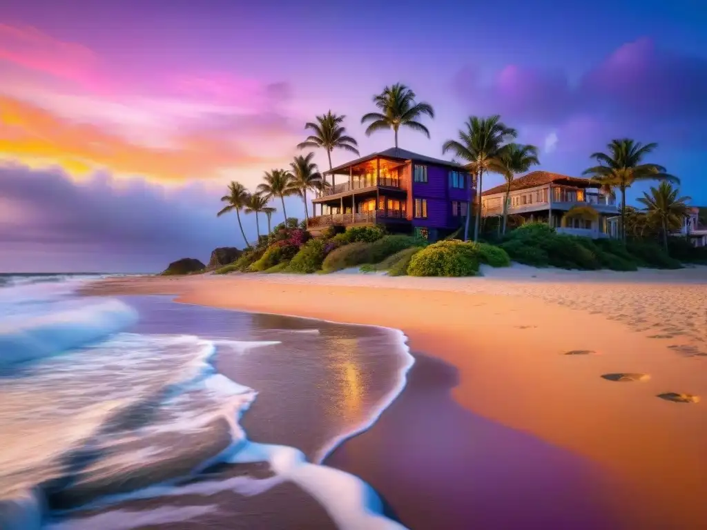 Resplandeciente propiedad de lujo en la playa al atardecer Fotografía HDR de una lujosa propiedad frente a la costa al atardecer, con colores vibrantes y naturaleza exuberante