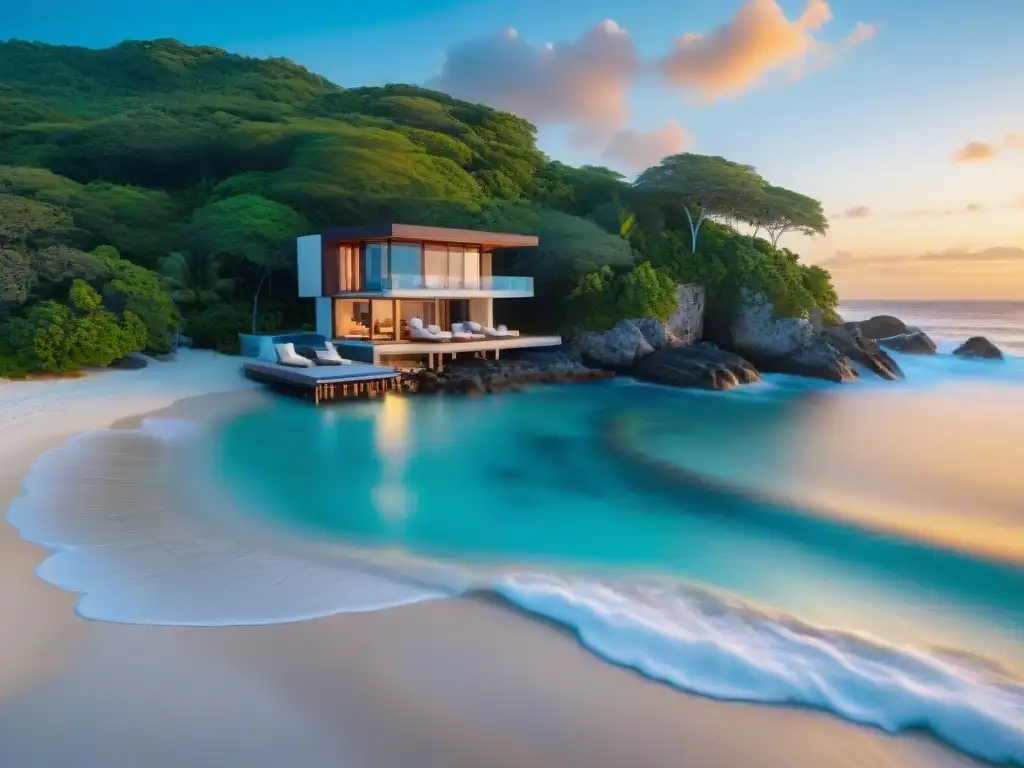 Propiedad de lujo frente al mar al atardecer: exclusividad y relax Una lujosa propiedad frente al mar al atardecer, con playa de arena, aguas turquesas y villa moderna con piscina infinita privada