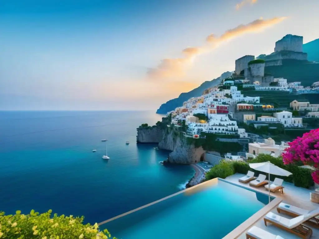 Villa de lujo en acantilado con vistas a la costa amalfitana Una lujosa villa en el acantilado de la Costa Amalfitana, con bougainvilleas, piscina infinita y un yate en el mar