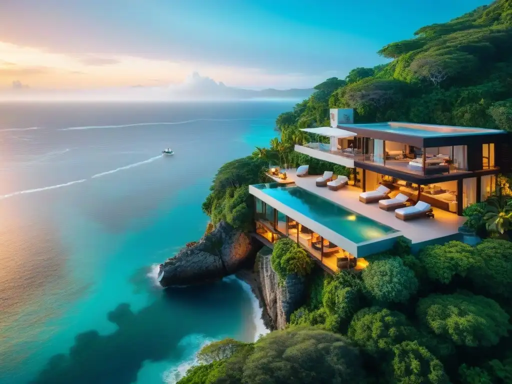 Villa de lujo en acantilado: vista aérea paradisíaca Una lujosa villa costera en un acantilado con vistas al mar, piscina infinita y pareja disfrutando de una cena romántica al atardecer