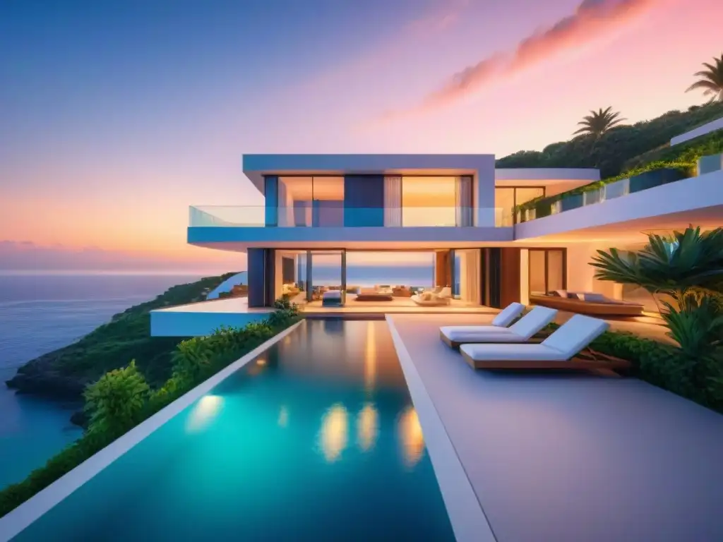 Villa de lujo costera con tecnología inteligente al atardecer Una lujosa villa costera con tecnología domótica, bañada por la cálida luz del atardecer y vistas al mar