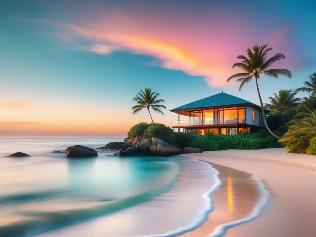 Villa de lujo frente al mar al amanecer: HDR impresionante Fotografía HDR de lujosa villa costera al amanecer, con tonos naranjas y rosados en el cielo