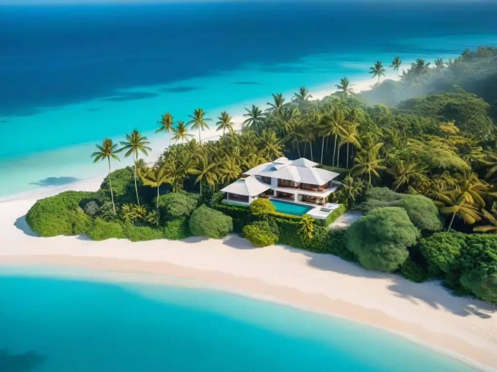 Villa de lujo frente al mar: serenidad costera en paraíso tropical Una lujosa villa frente al mar rodeada de palmeras, con aguas turquesas y arena dorada