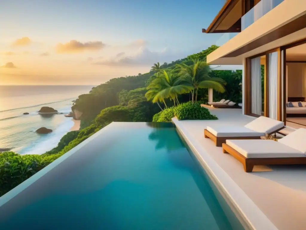 Villa de lujo frente al mar al atardecer: experiencias exclusivas Una lujosa villa frente al mar con servicios de concierge, reflejando la esencia del lujo costero al atardecer