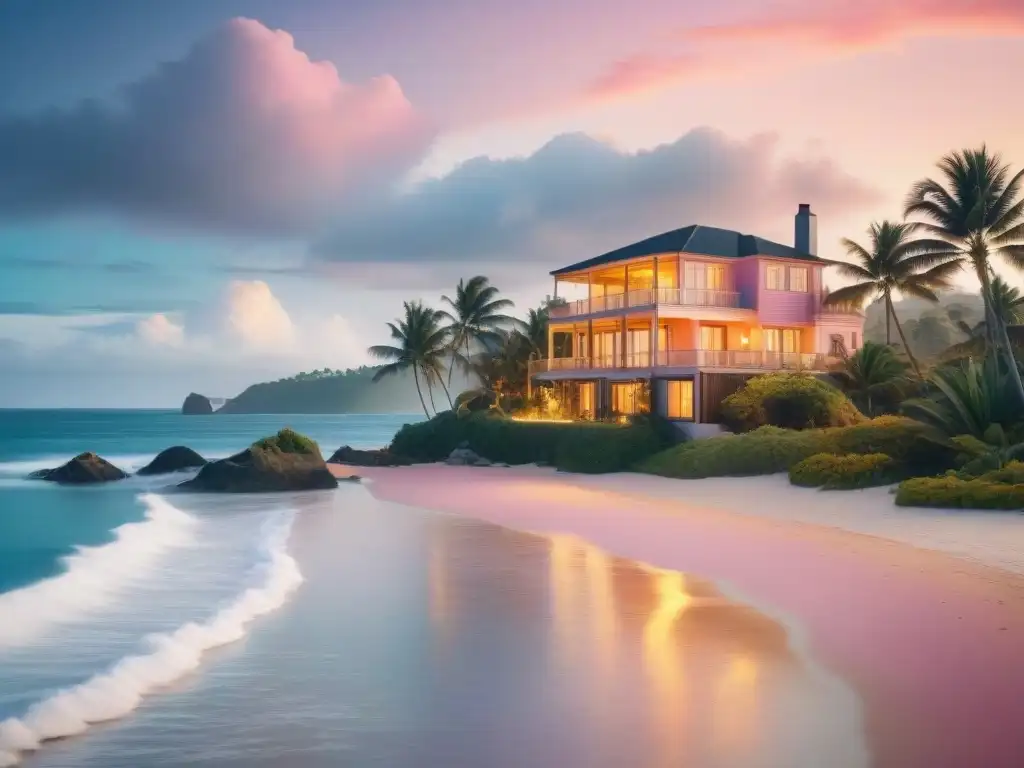 Villa de lujo frente al mar al atardecer, escena idílica y vulnerable Una lujosa villa frente a la playa, con impacto cambio climático propiedades costeras: familia pasea al atardecer