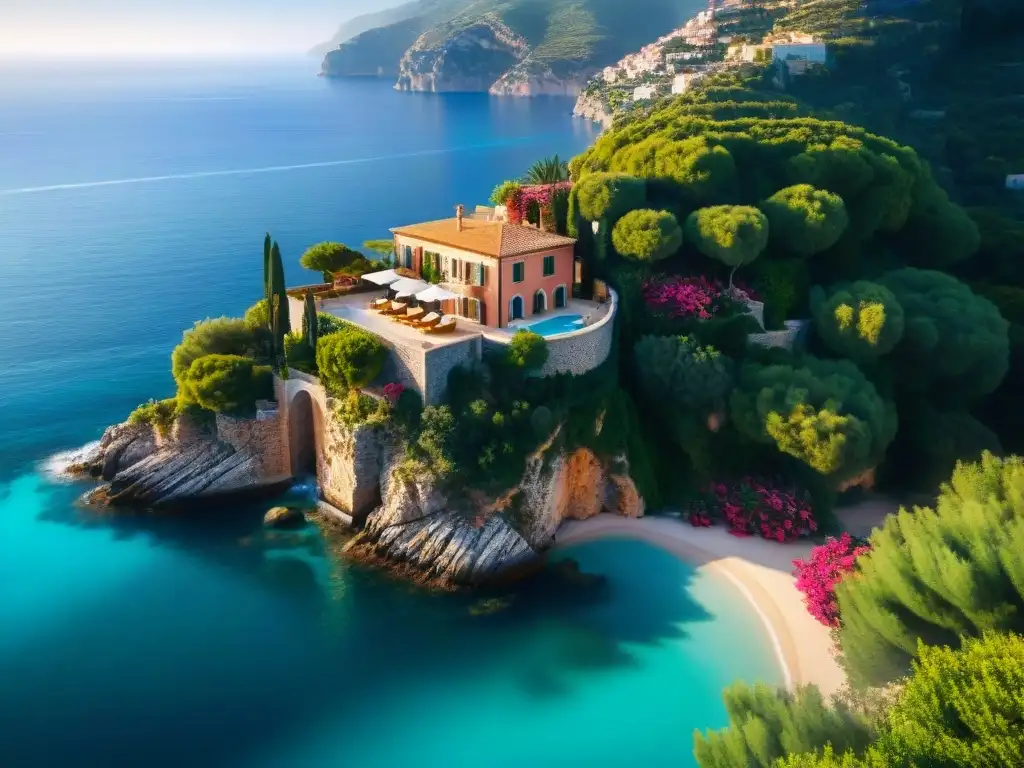 Villa de lujo en acantilado con vista al mar Mediterráneo Una lujosa villa italiana en la costa, rodeada de exuberante vegetación y vistas al mar turquesa