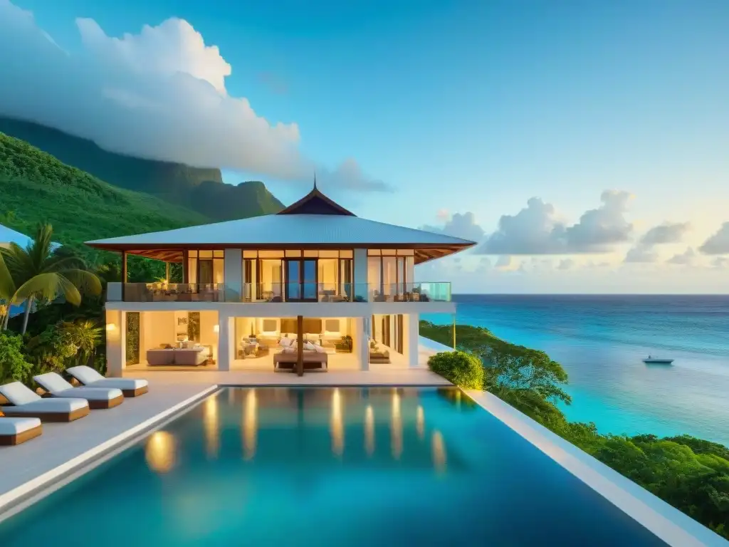 Villa de lujo frente al mar en el Caribe Una lujosa villa moderna con vista al mar en el Caribe, resaltando el Mercado Inmobiliario Costero en el Caribe