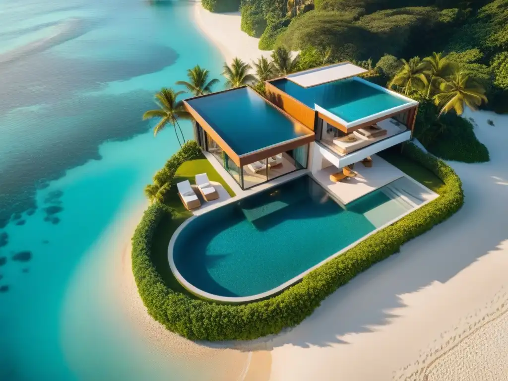 Villa de lujo frente al mar: diseño moderno y vistas espectaculares Una lujosa villa de playa con diseño vanguardista y ventanales panorámicos, rodeada de palmeras y con vistas al mar turquesa