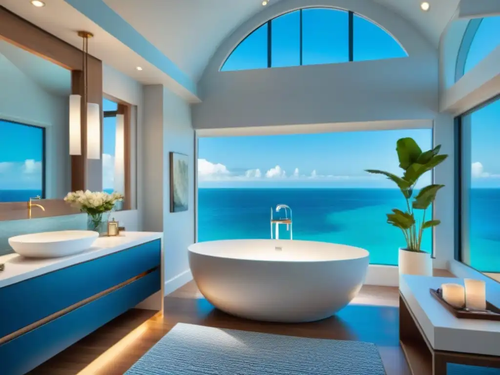 Baño de lujo con vista al mar: diseño elegante inspirado en el mar Un lujoso baño con vista al mar, diseño inspirado en el océano con detalles marinos y paleta de colores azul y blanco