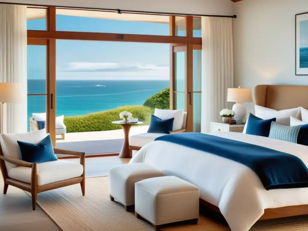 Suite costera de lujo: dormitorio con vista al mar Un lujoso dormitorio principal hogar costero con vistas al mar, cama king-size, decoración náutica y luz natural suave