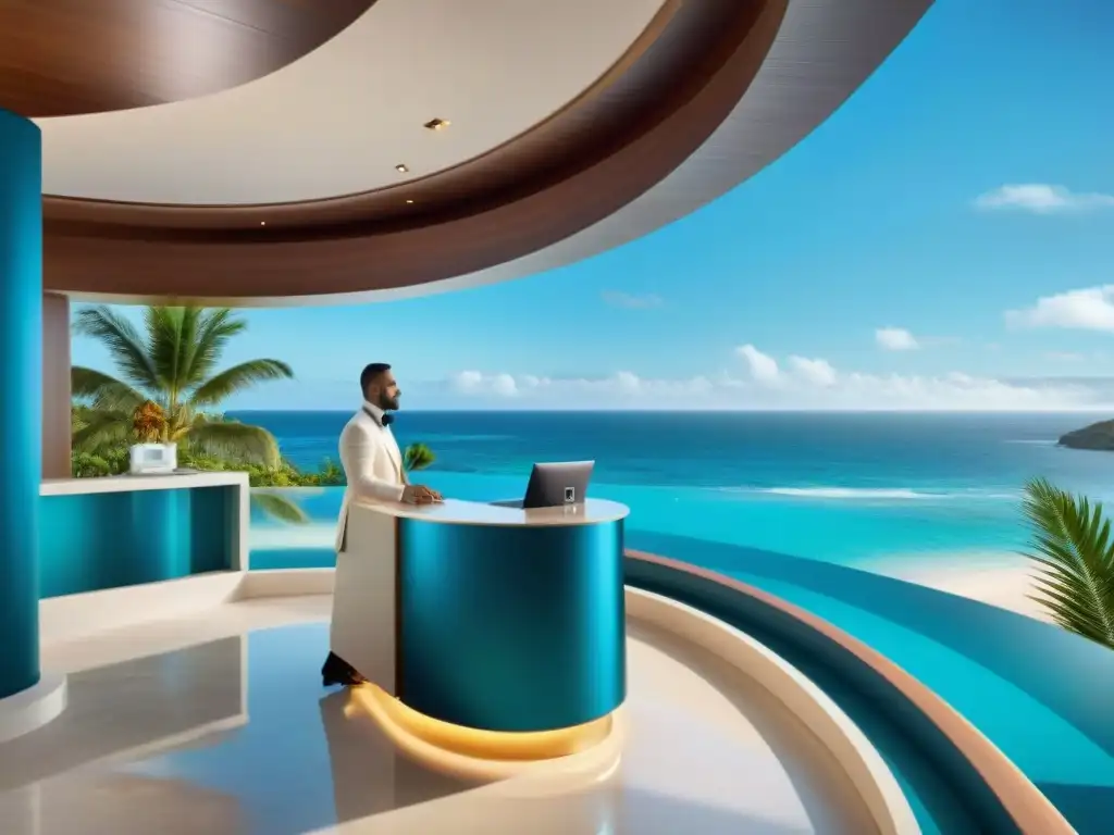 Propiedad costera de lujo: concierge asistiendo a un huésped Un lujoso hogar costero con servicios de concierge, vista al mar y palmeras meciéndose suavemente