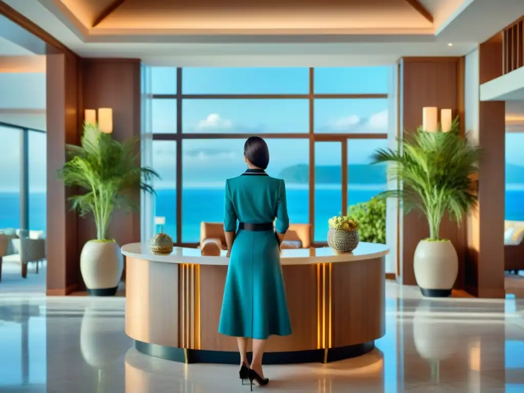 Servicios de conserjería exclusivos en lujosa propiedad costera Un lujoso lobby costero con servicio de concierge para propiedades costeras