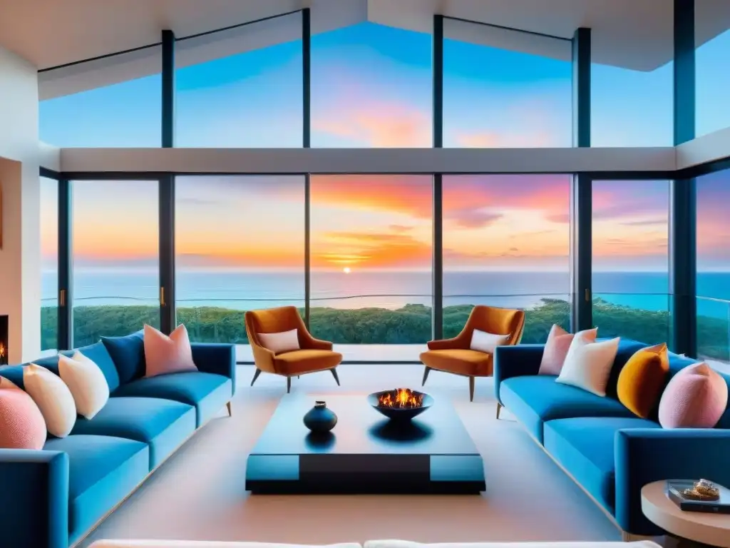 Penthouse de lujo con vistas al mar y atardecer vibrante Lujoso penthouse frente al mar con vistas panorámicas al océano y atardecer vibrante
