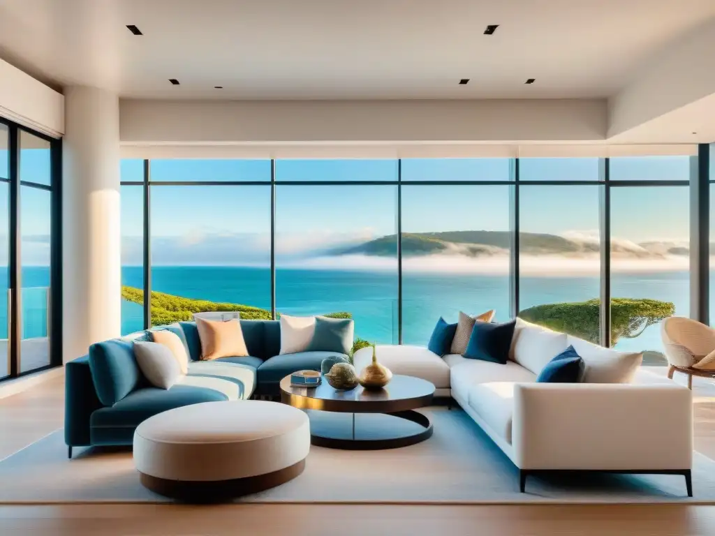 Penthouse de lujo: diseño contemporáneo frente al mar Un lujoso salón de penthouse con vista al mar, diseño contemporáneo y elementos costeros