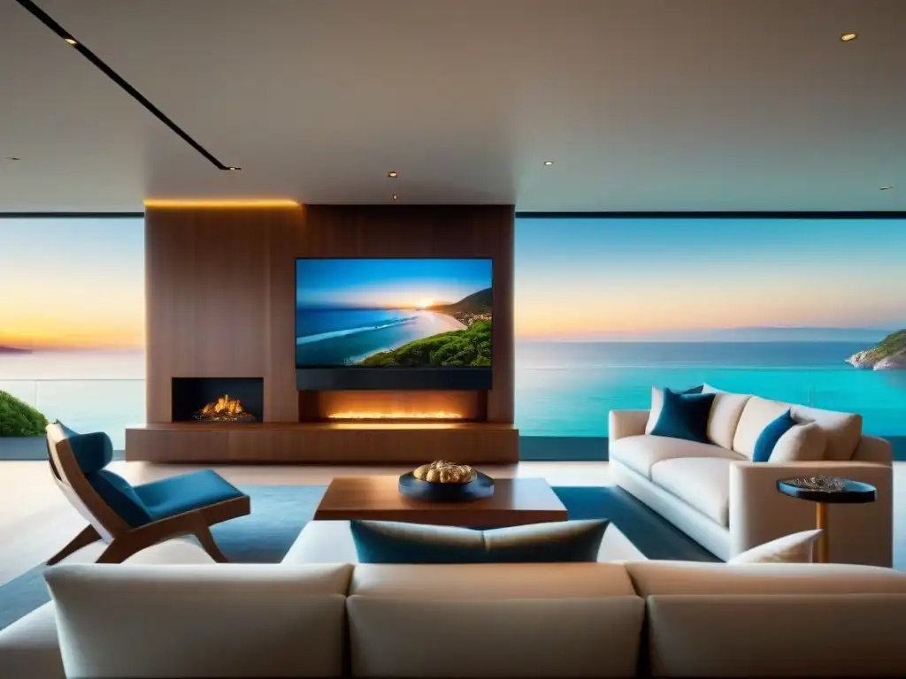 Lujo costero: sistema audiovisual de vanguardia en sala de estar playera Un lujoso sistema audio video integrado en una casa de playa, con modernos equipos y ambiente relajante al atardecer
