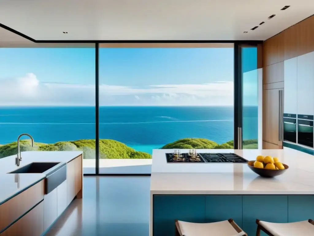 Cocina moderna con vista al mar: diseño elegante y minimalista Luminosa cocina con vistas al mar, elegante diseño y minimalismo en un entorno costero