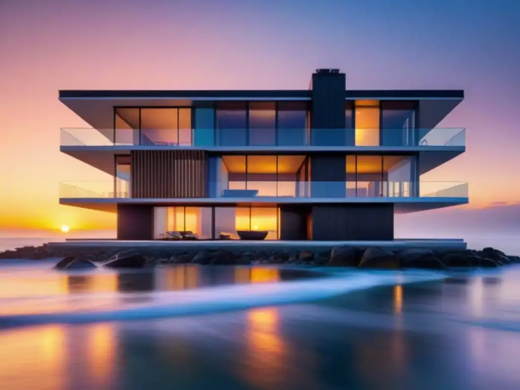 Edificio costero innovador: durabilidad y estética en alta resolución Luminosa construcción costera con materiales innovadores resplandeciendo al atardecer