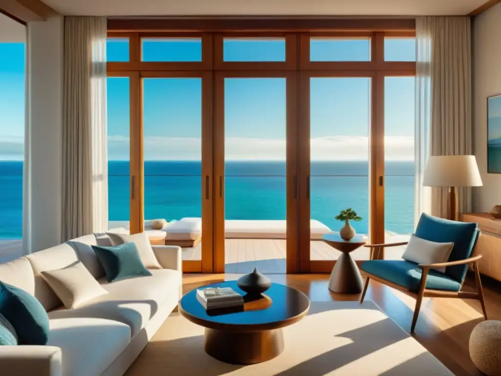 Resplandor costero: luces y sombras en un living junto al mar Luminosa fotografía de interiores propiedades costeras, con juego de luces y sombras en sala decorada con vista al mar