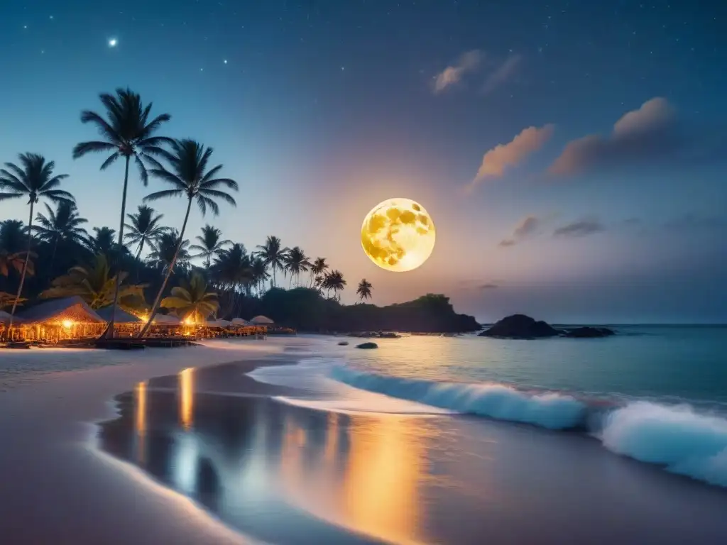 Playa mágica bajo la luna llena: fiesta con encanto Una luna llena brilla sobre una playa, creando un ambiente mágico para las mejores fiestas de luna llena