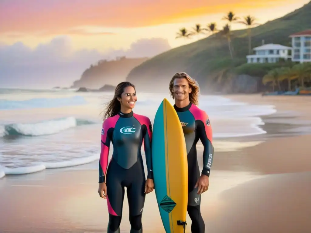 Emprendedores del surf al atardecer: Luna y Marco en la playa Luna y Marco, dueños del imperio de surf, disfrutan del éxito en la costa al atardecer con sus tablas