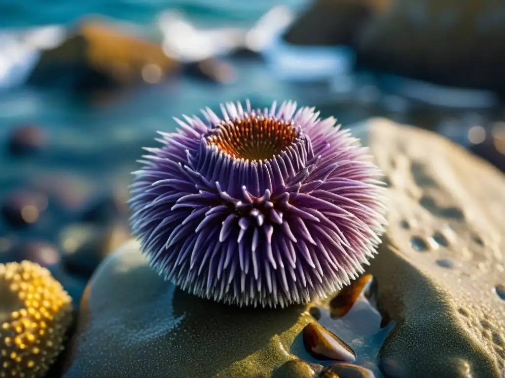 Erizo de mar morado en detalle: vida marina en la costa Macrofotografía de un erizo de mar púrpura en una piscina de marea rocosa