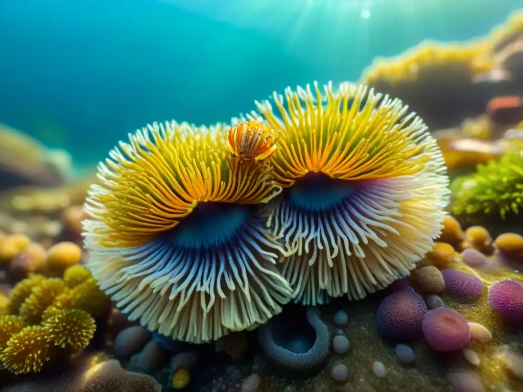 Maravillas submarinas: vida vibrante en marea llena de colores Macrofotografía de propiedades costeras: detallada imagen de piscina de marea vibrante con anémonas, cangrejos ermitaños y algas, en un mar brillante