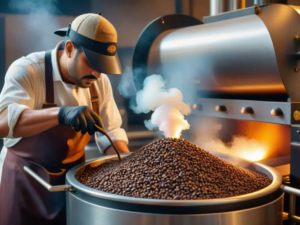 Maestro cafetero: arte en el tostado de granos Un maestro tostador de café controla el proceso de tostado en una máquina tradicional, capturando la esencia del café para tu taza diaria