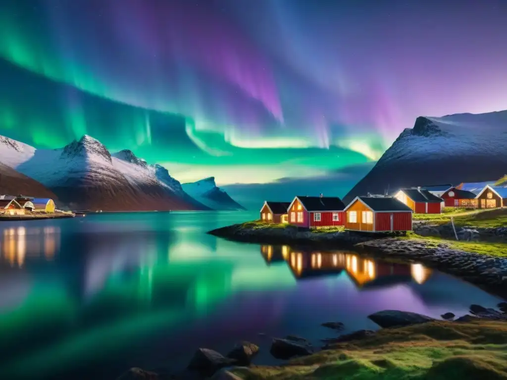 Auroras boreales danzantes sobre pueblo costero en Noruega Las mágicas Auroras Boreales iluminan la Costa Noruega en una noche inolvidable