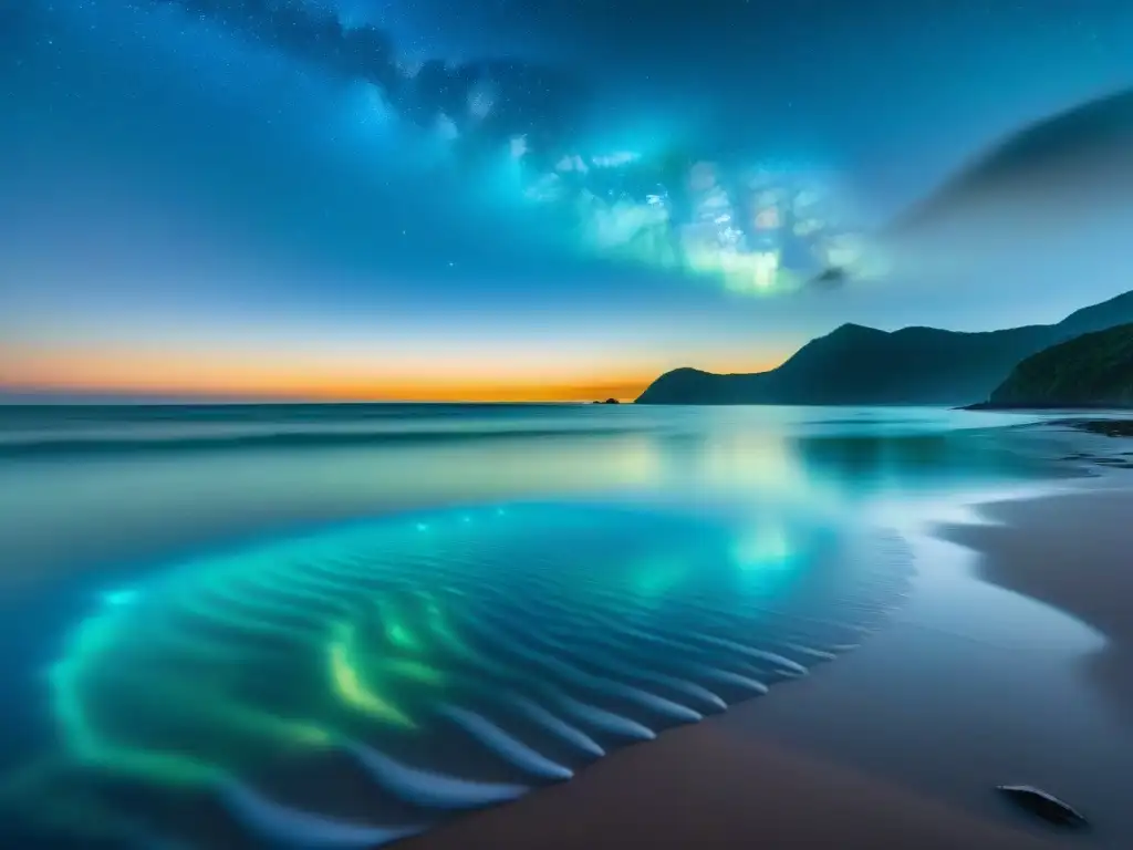 Espectáculo de plankton bioluminiscente en el océano nocturno Un mágico festival de luces bioluminiscentes en el mar nocturno, con ondas brillantes y estrellado cielo, crea una escena de ensueño