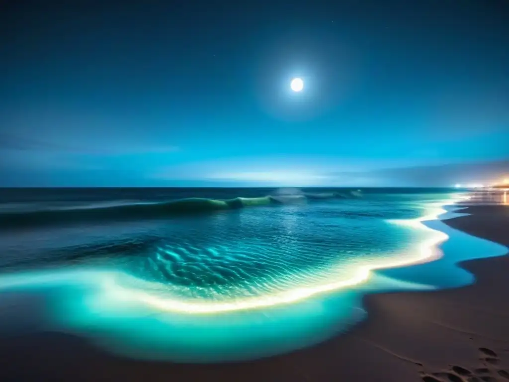 Playa bioluminiscente: mágica conexión entre arte y ciencia Un mágico festival de luces bioluminiscentes en el mar, con olas suaves y una playa iluminada por un resplandor azul surrealista