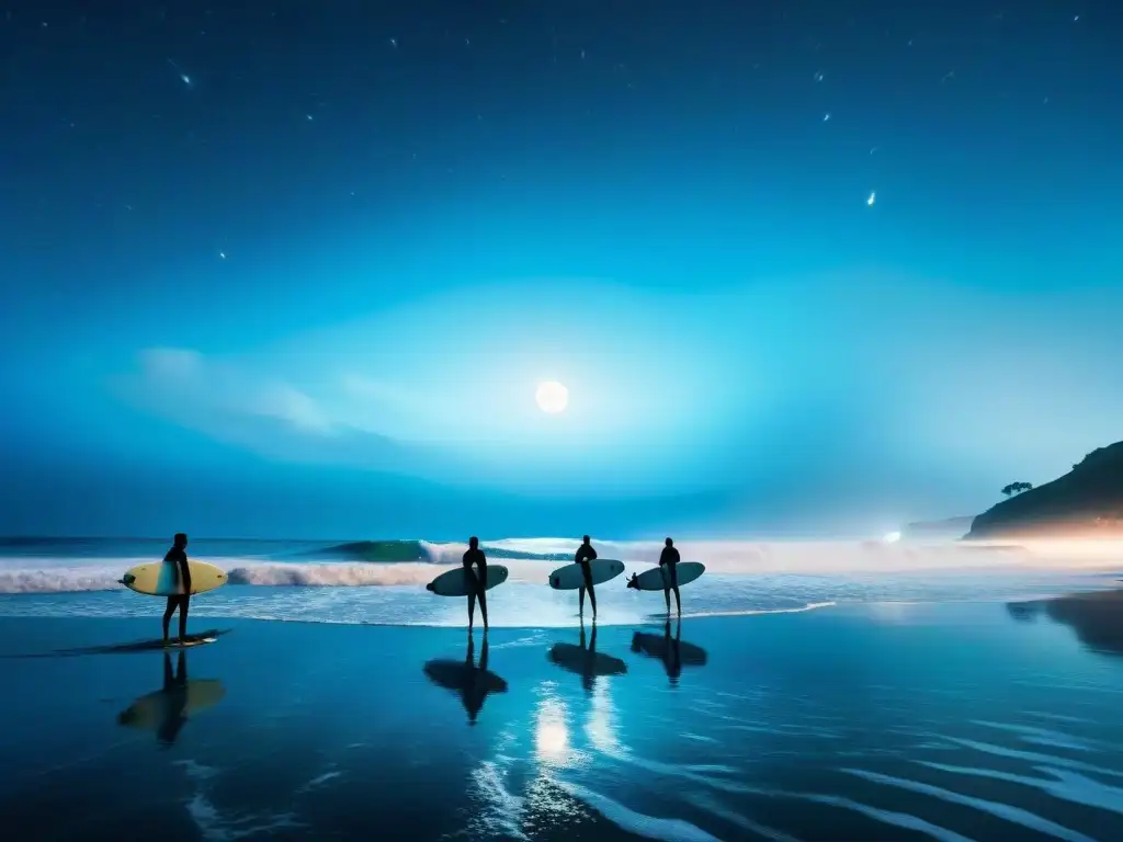 Surfistas nocturnos surfeando olas bioluminiscentes bajo la luna Un mágico surf nocturno en la costa: surfistas surcan olas bioluminiscentes bajo la luz de la luna y el cielo estrellado