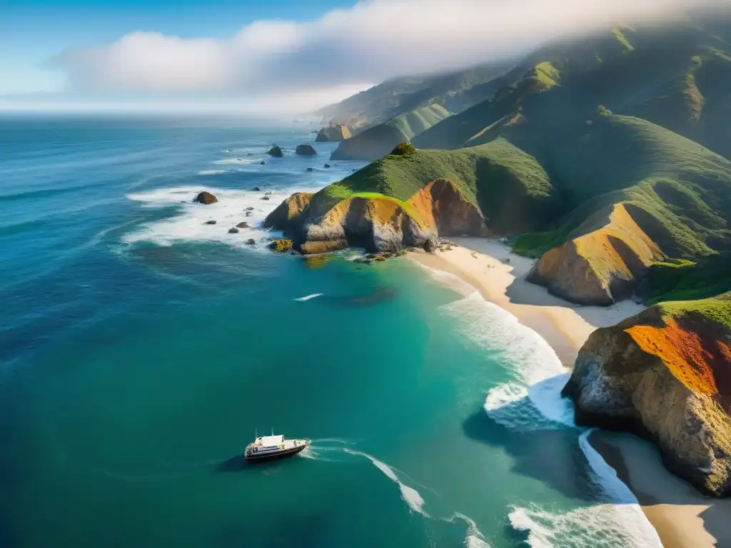 Costa salvaje de California: belleza natural sin igual La majestuosa costa de California: acantilados, mar azul, vegetación verde y barcos en el horizonte