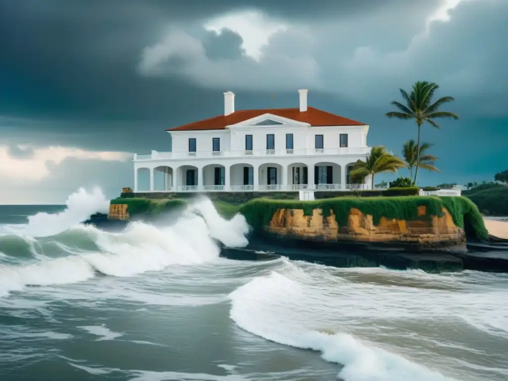 Residencia costera de lujo: impacto del cambio climático Majestuosa mansión costera amenazada por erosión, reflejo del impacto del cambio climático en propiedades costeras de lujo